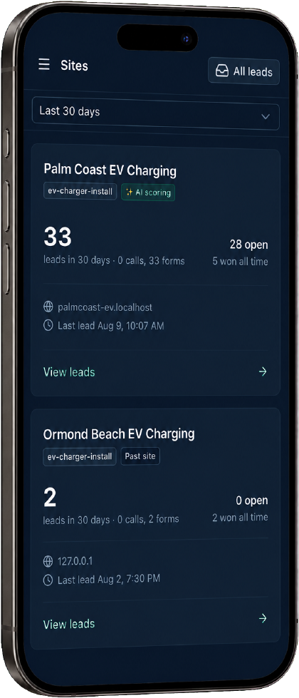 Phone showing a site card with its lead count, how many are still open, and how many were won